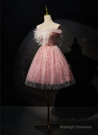 Pink Off Shoulder Shiny Tulle With Lace Party Dress, Pink Homecoming Dress Formal Dress