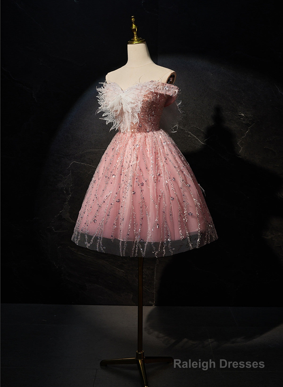 Pink Off Shoulder Shiny Tulle With Lace Party Dress, Pink Homecoming Dress Formal Dress