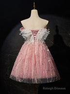 Pink Off Shoulder Shiny Tulle With Lace Prom Dresses Pink Homecoming Dresses Prom Dresses