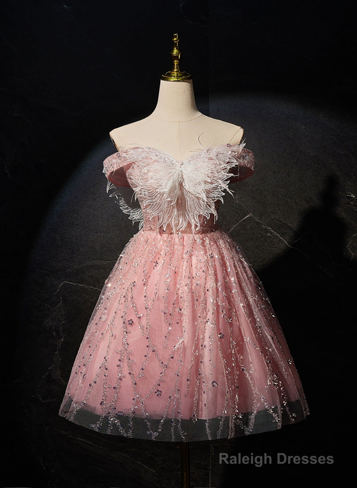 Pink Off Shoulder Shiny Tulle With Lace Prom Dresses Pink Homecoming Dresses Prom Dresses Main image