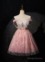 Pink Off Shoulder Shiny Tulle With Lace Prom Dresses Pink Homecoming Dresses Prom Dresses