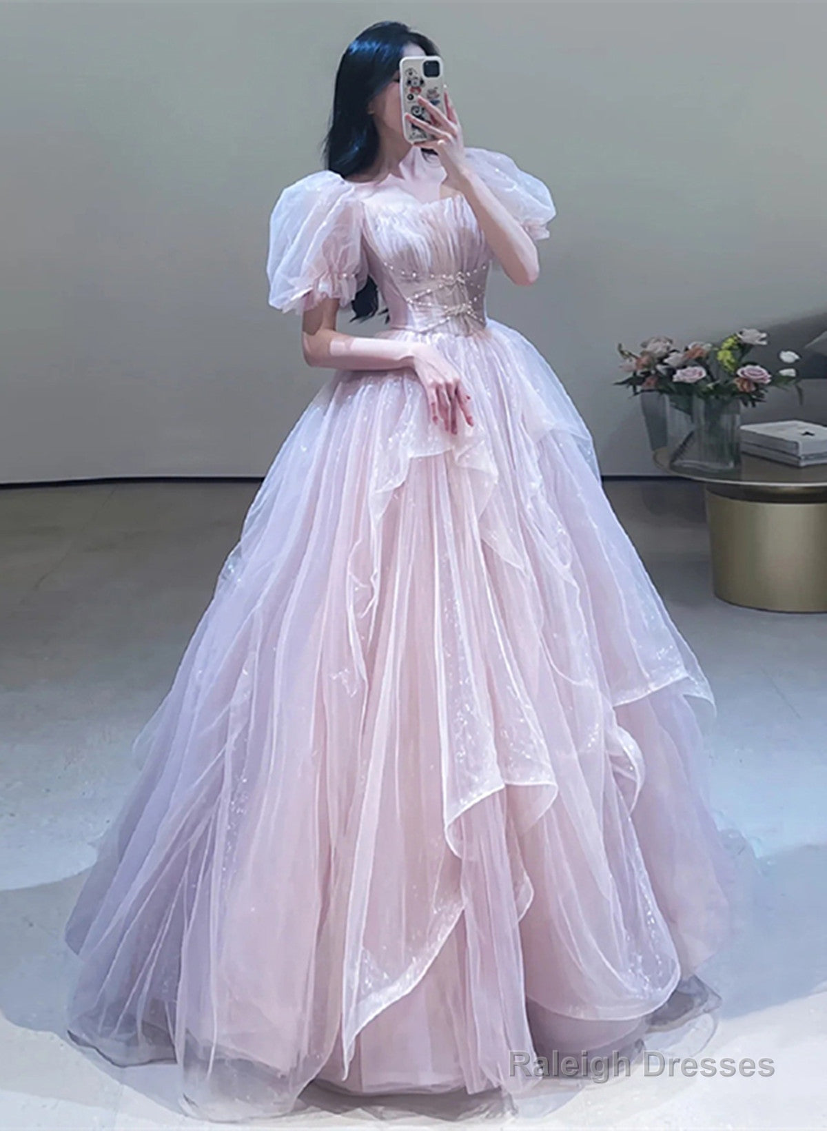 Pink Off Shoulder Tulle Beaded Sweetheart Party Dress, Pink Tulle Evening Dress Prom Dress