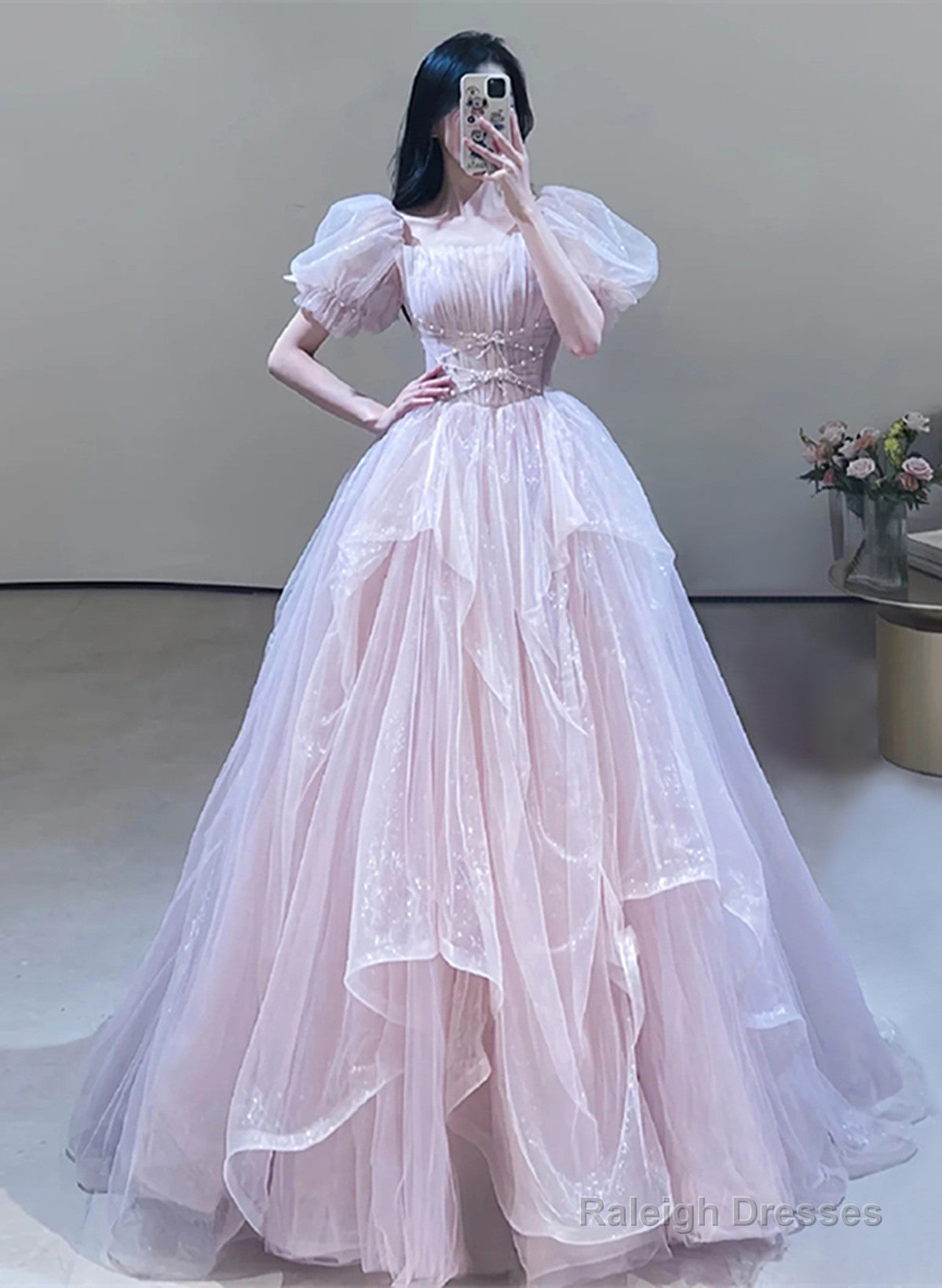 Pink Off Shoulder Tulle Beaded Sweetheart Party Dress, Pink Tulle Evening Dress Prom Dress Main image