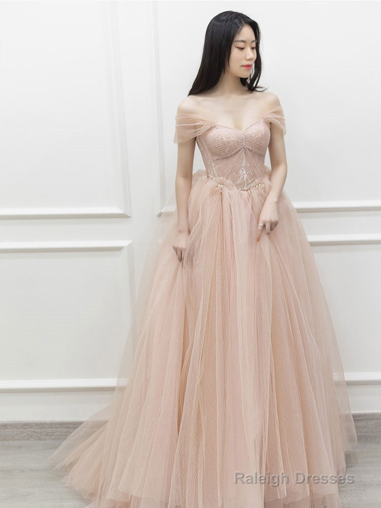 Pink Off Shoulder Tulle Lace Long Prom Dress, Pink Formal Dress Secondary image