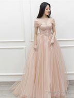 Pink Off Shoulder Tulle Lace Long Prom Dress, Pink Formal Dress