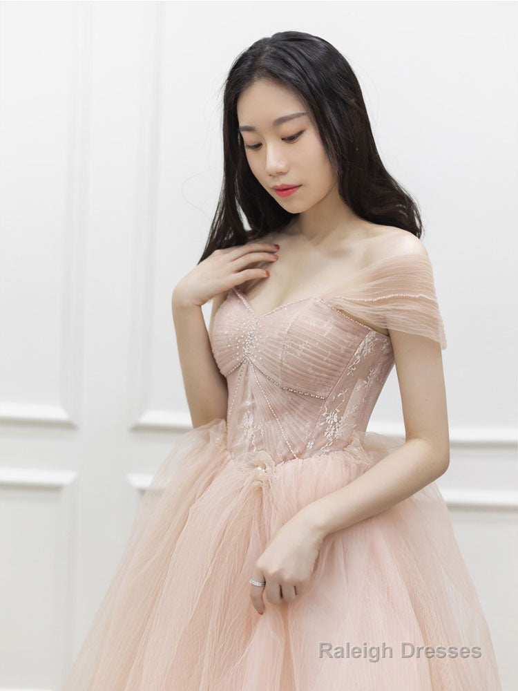 Pink Off Shoulder Tulle Lace Long Prom Dress, Pink Formal Dress