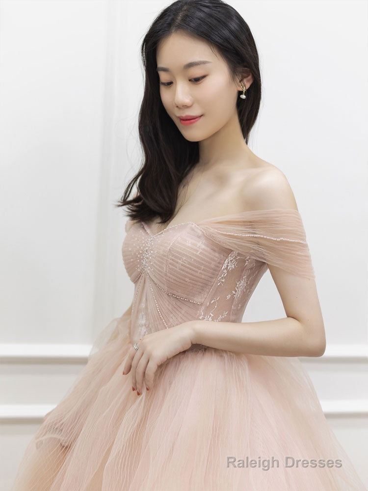 Pink Off Shoulder Tulle Lace Long Prom Dress, Pink Formal Dress