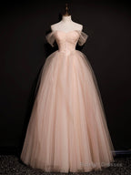 Pink Off Shoulder Tulle Lace Long Prom Dress, Pink Formal Dress