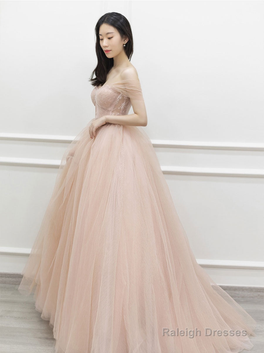 Pink Off Shoulder Tulle Lace Long Prom Dress, Pink Formal Dress Main image