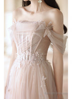 Pink Off Shoulder Tulle Long Formal Dress, Off Shoulder Pink Long Prom Dress