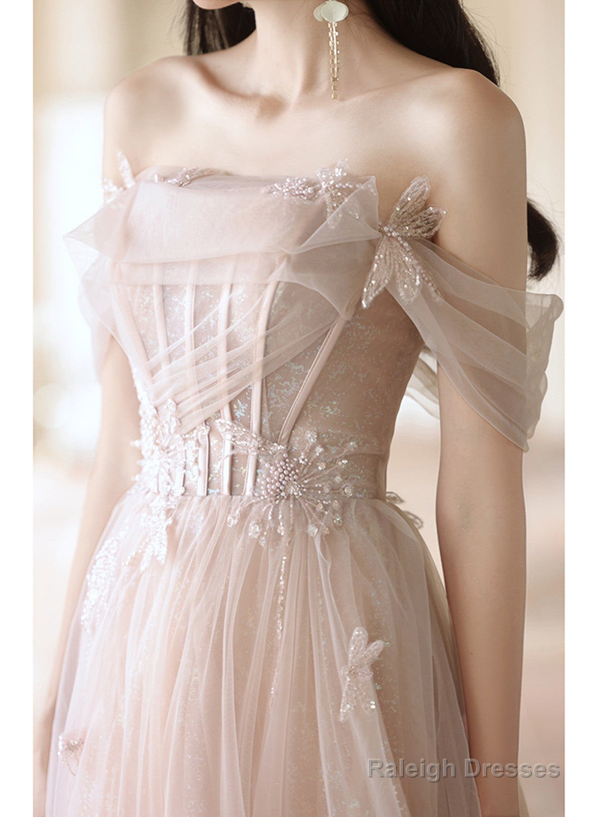 Pink Off Shoulder Tulle Long Formal Dress, Off Shoulder Pink Long Prom Dress