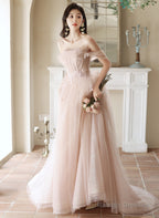 Pink Off Shoulder Tulle Long Formal Dress, Off Shoulder Pink Long Prom Dress