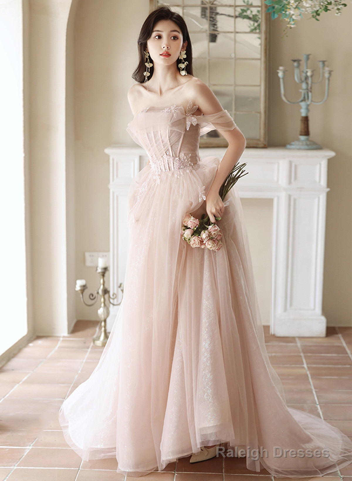 Pink Off Shoulder Tulle Long Formal Dress, Off Shoulder Pink Long Prom Dress