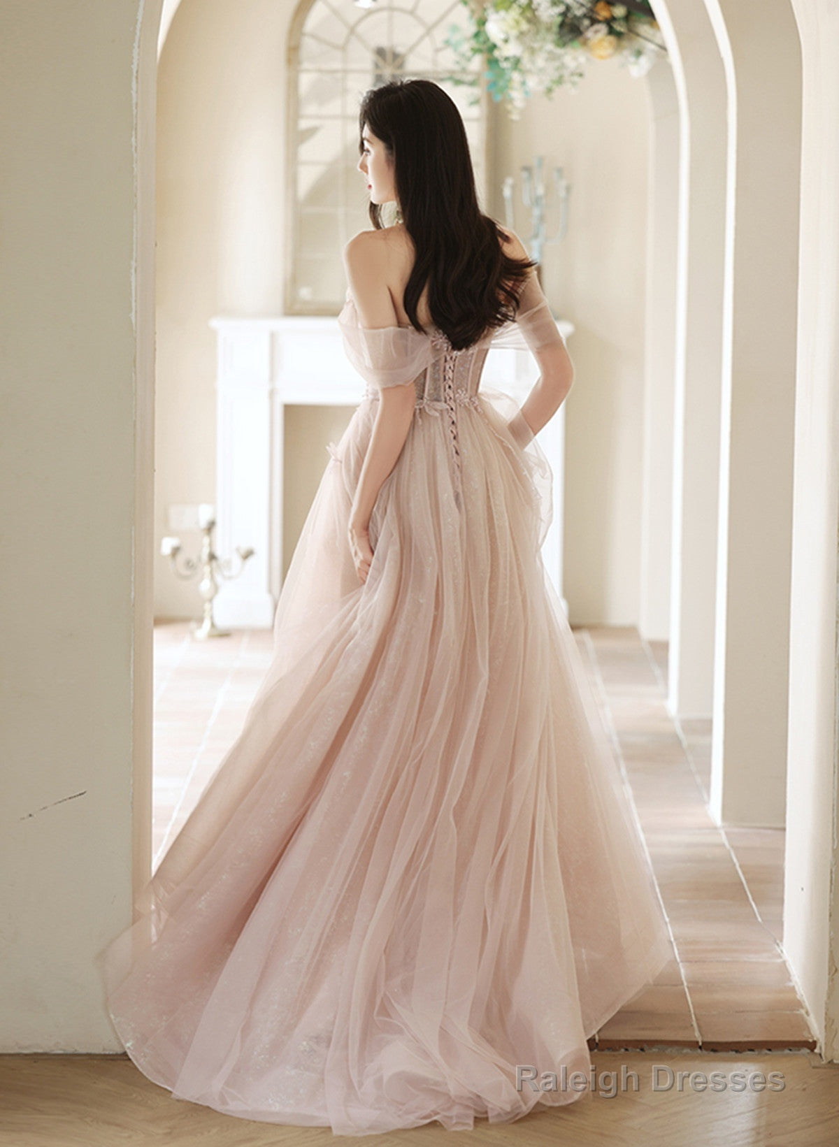 Pink Off Shoulder Tulle Long Formal Dress, Off Shoulder Pink Long Prom Dress