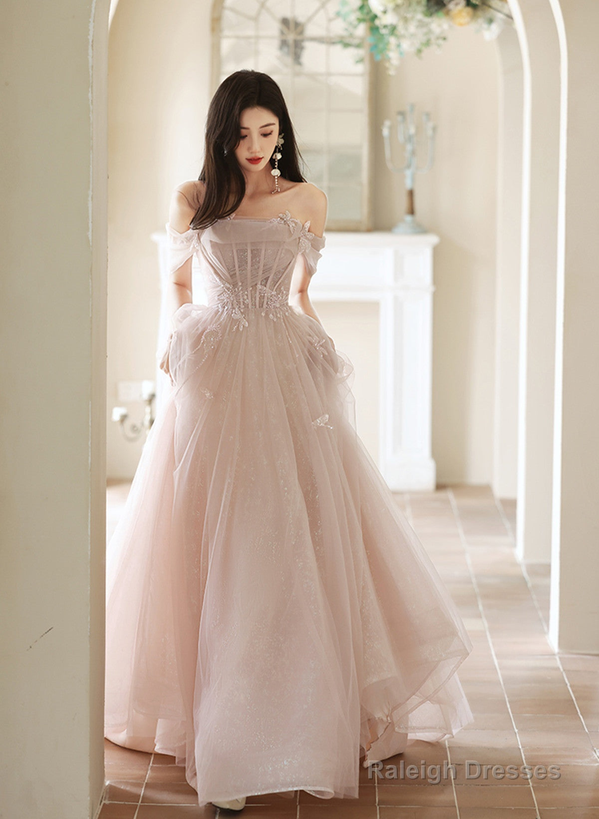 Pink Off Shoulder Tulle Long Formal Dress, Off Shoulder Pink Long Prom Dress Main image
