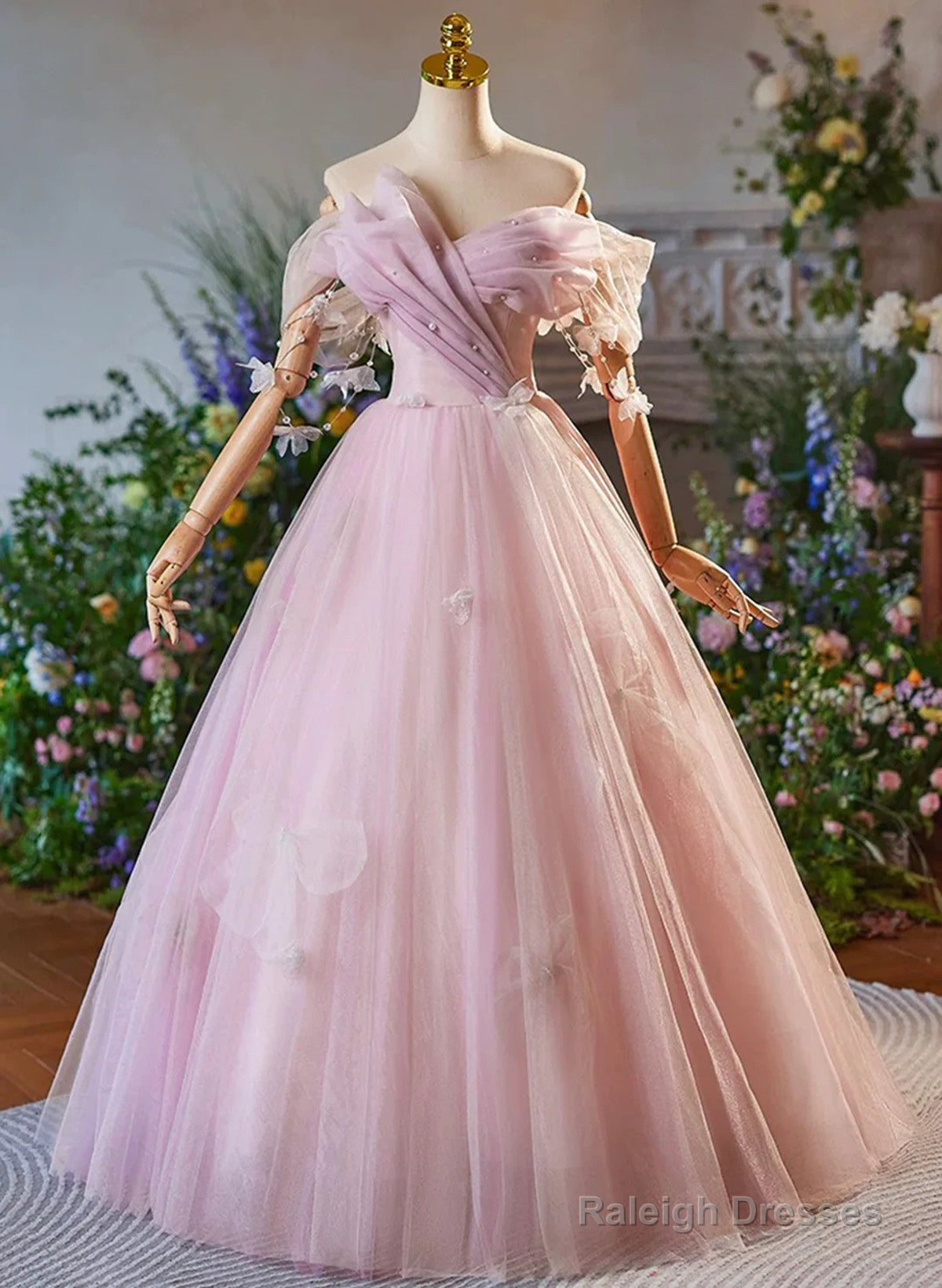 Pink Off Shoulder Tulle Long Formal Dress, Pink A-Line Prom Dress Main image