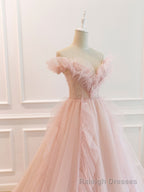 Pink Off Shoulder Tulle Long Prom Dress, Pink A line Tulle Graduation Dress