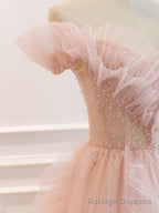 Pink Off Shoulder Tulle Long Prom Dress, Pink A line Tulle Graduation Dress