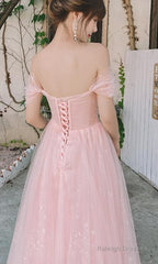 Pink Off Shoulder Tulle Simple A-Line Party Dress Prom Dress, Pink Formal Gown