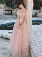 Pink Off Shoulder Tulle Simple A-Line Party Dress Prom Dress, Pink Formal Gown