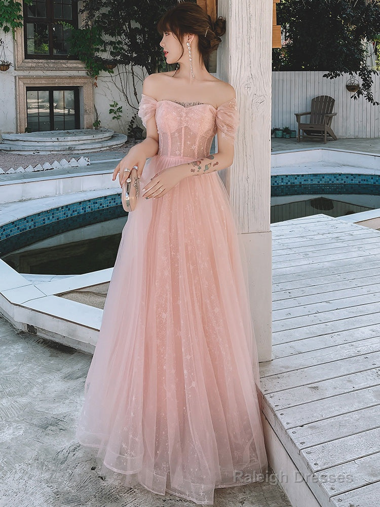 Pink Off Shoulder Tulle Simple A-Line Party Dress Prom Dress, Pink Formal Gown