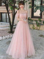 Pink Off Shoulder Tulle Simple A-Line Party Dress Prom Dress, Pink Formal Gown