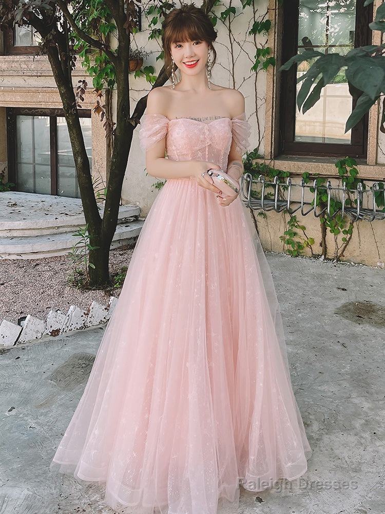 Pink Off Shoulder Tulle Simple A-Line Party Dress Prom Dress, Pink Formal Gown