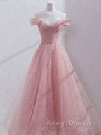 Pink Off Shoulder Tulle Tea Length Prom Dress, Pink Tulle Evening Dress