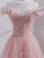 Pink Off Shoulder Tulle Tea Length Prom Dress, Pink Tulle Evening Dress