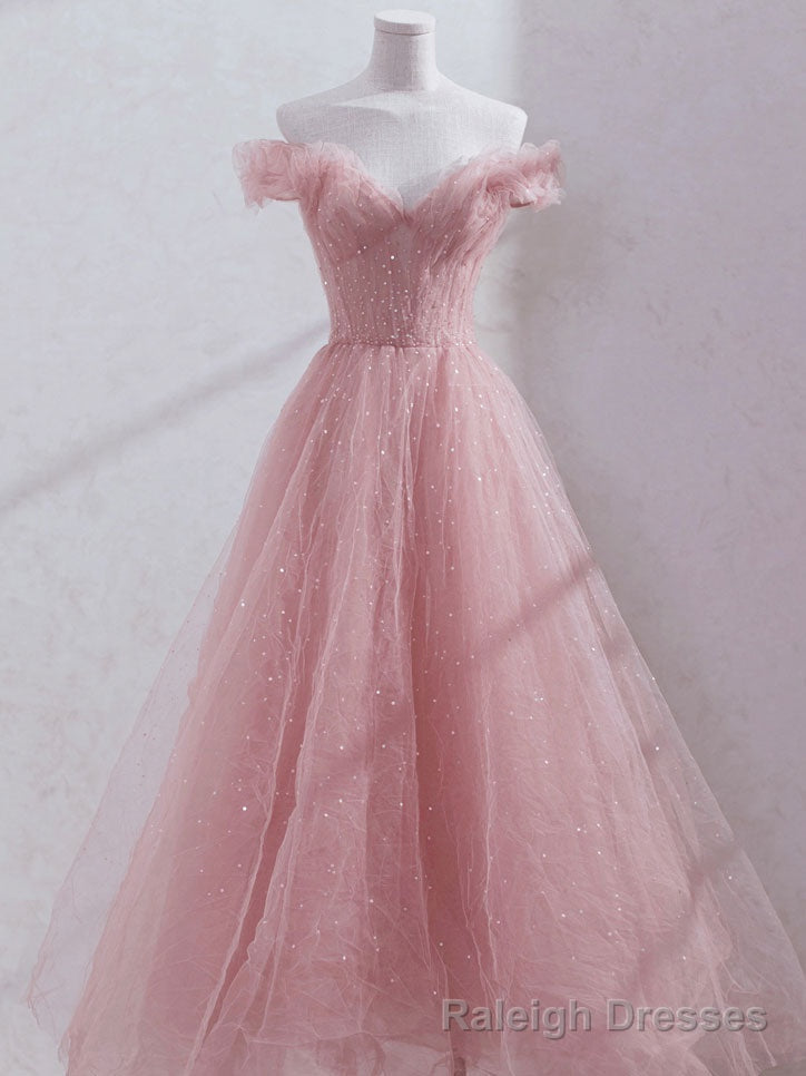 Pink Off Shoulder Tulle Tea Length Prom Dress, Tulle Formal Dress Main image