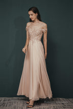 Off The Shoulder Charming Long Chiffon Prom Dresses With Appliques