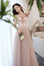 Pink Off The Shoulder Lace Prom Dresses A-Line Prom Dresses