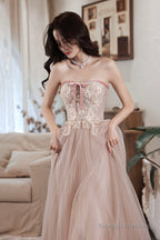 Pink Off The Shoulder Lace Evening Dress, A-Line Prom Party Dress