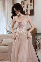 Pink Off The Shoulder Lace Prom Dresses A-Line Prom Dresses