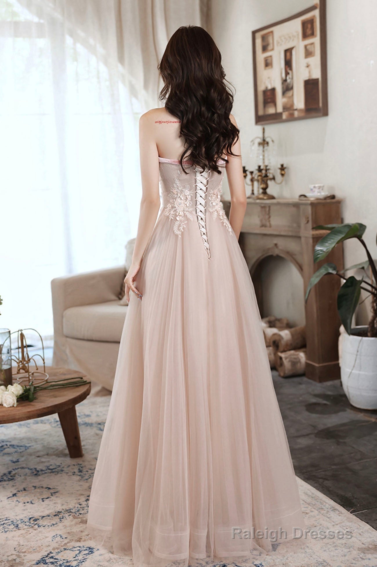 Pink Off The Shoulder Lace Evening Dress, A-Line Prom Party Dress