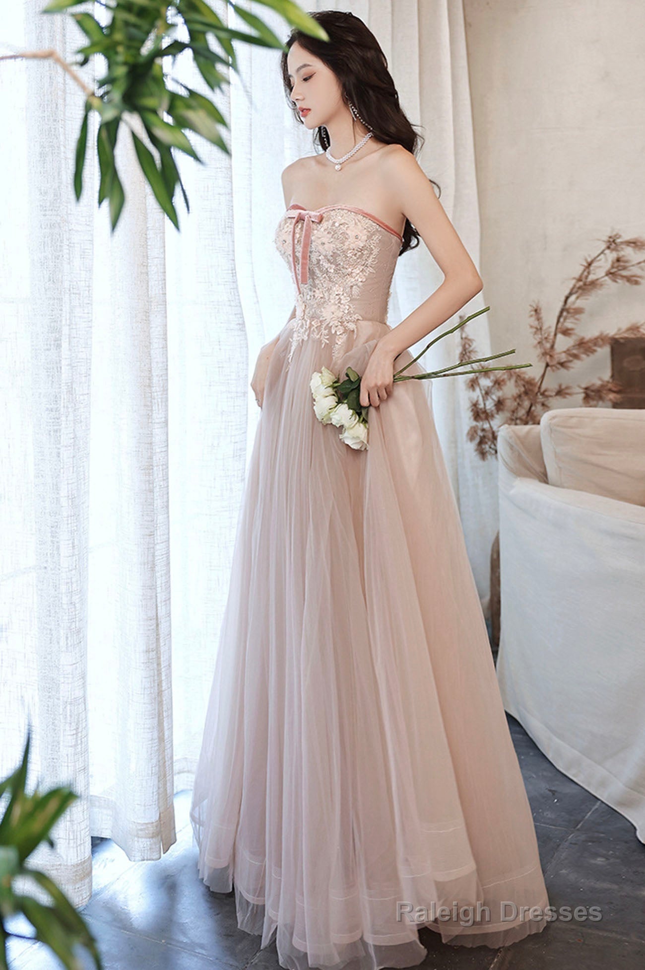 Pink Off The Shoulder Lace Evening Dress, A-Line Prom Party Dress