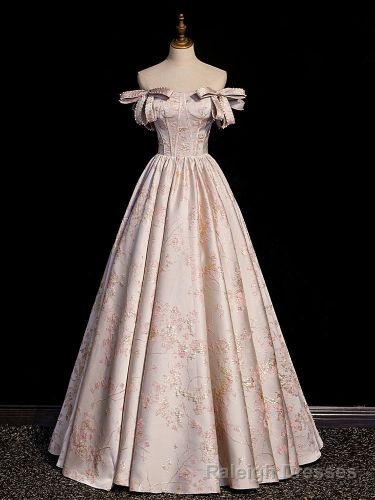 Pink Off the Shoulder Print Prom Dress Main image