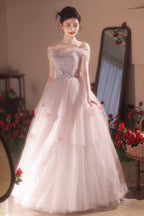Pink Off The Shoulder Tulle Prom Dress, Lovely A-Line Long Formal Graduation Dress