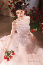 Pink Off The Shoulder Tulle Prom Dress, Lovely A-Line Long Formal Graduation Dress