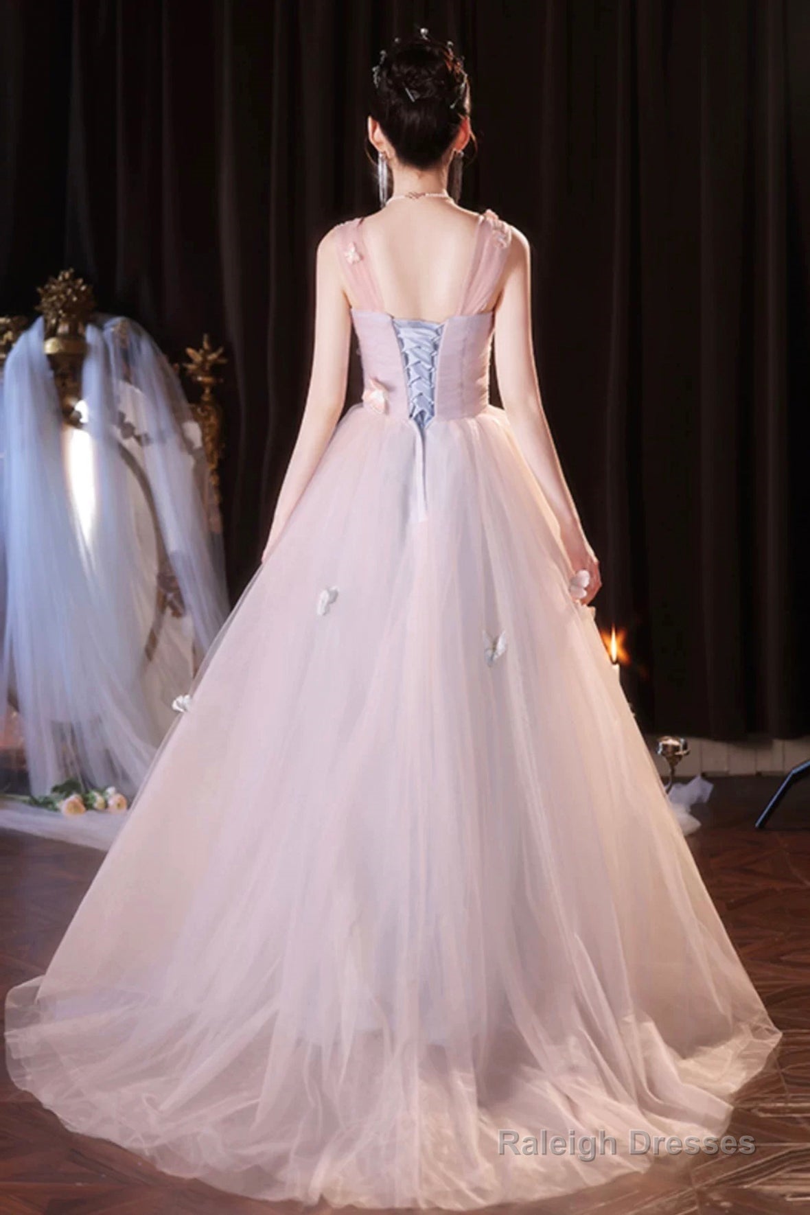 Pink Off The Shoulder Tulle Prom Dress, Lovely A-Line Long Formal Graduation Dress