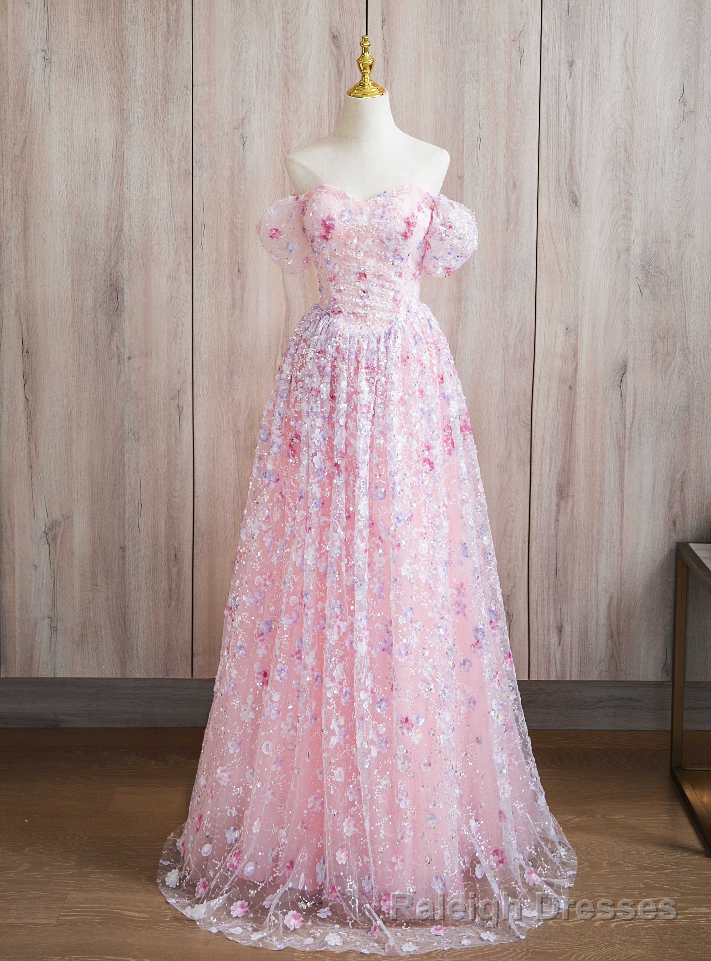 Pink Off the Shoulder Tulle Sequins Flower Prom Dress Main image