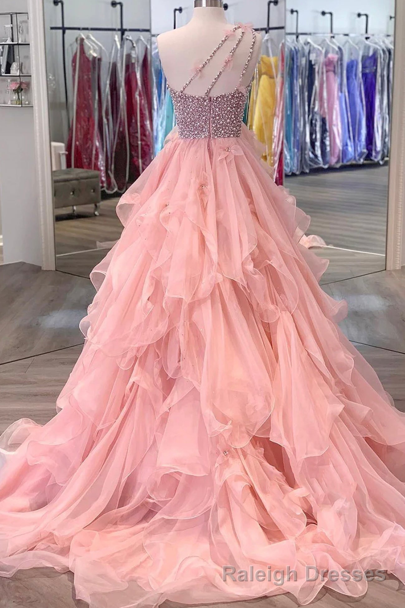 Pink One Shoulder Beaded Prom Dress, Pink Tulle Layers Evening Gown Secondary image