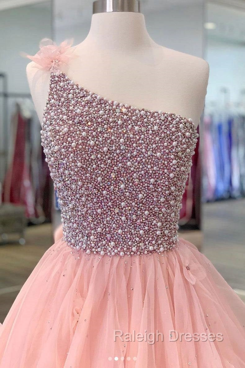 Pink One Shoulder Beads Long Prom Dress Pink Evening Dress
