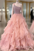 Pink One Shoulder Beads Long Prom Dress Pink Evening Dress