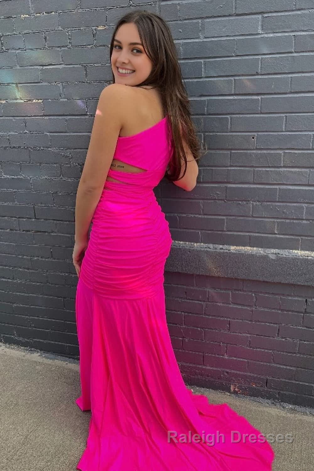 Pink One Shoulder Mermaid Long Prom Dress Secondary image