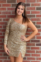 Pink One Shoulder One Sleeve Sequins Tight Short Homecoming Dress