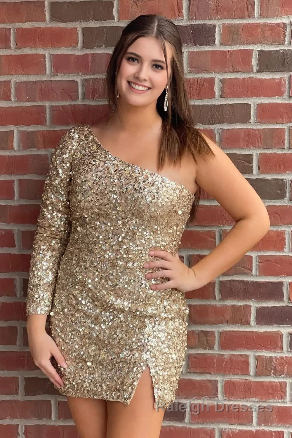 Pink One Shoulder One Sleeve Sequins Tight Short Homecoming Dress