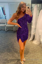 Pink One Shoulder One Sleeve Sequins Tight Short Homecoming Dress