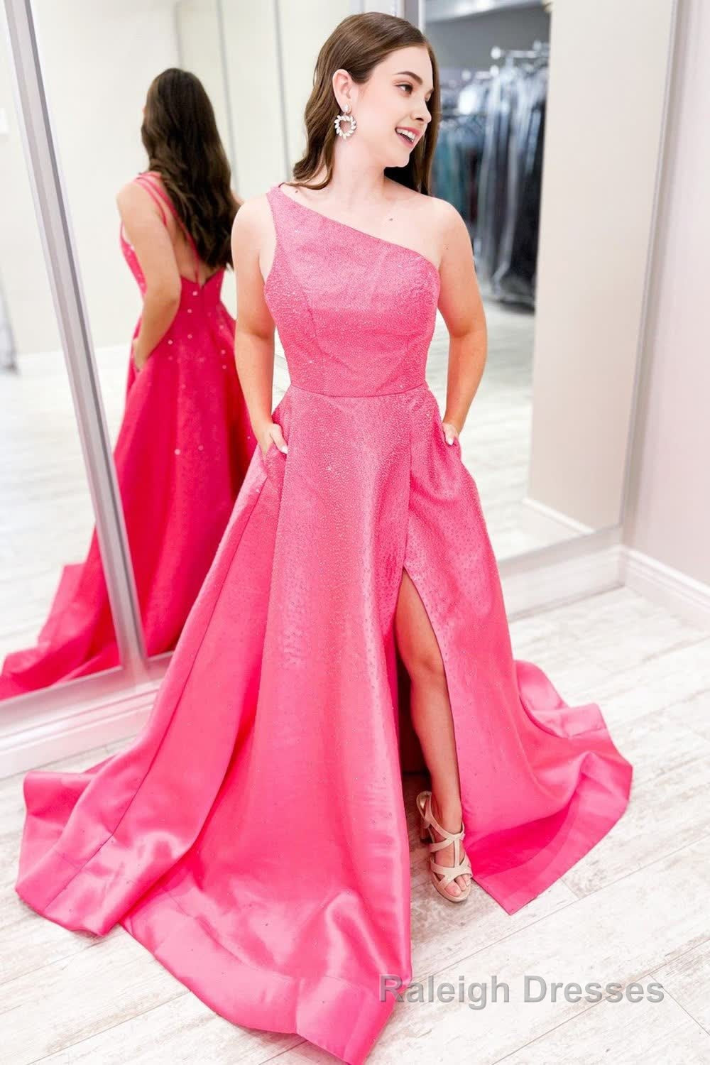 Pink One Shoulder Satin A-Line Prom Dress with Pockets Main image