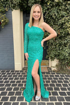 Pink One Shoulder Sequined Prom Dress